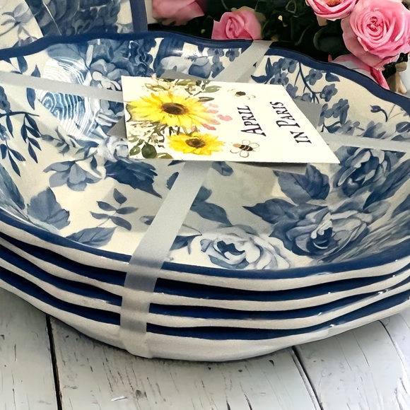 Shabby Chic Salad Pasta Bowl with Serving Utensils & 4 Bowls 7-Pc Set Soho Loft - Picture 3 of 6